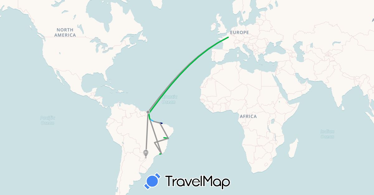 TravelMap itinerary: driving, bus, plane, boat in Brazil, France, French Guiana (Europe, South America)